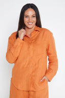 Orange Rust Organic Linen Shirt With Printed Cuffs