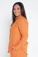Orange Rust Organic Linen Shirt With Printed Cuffs