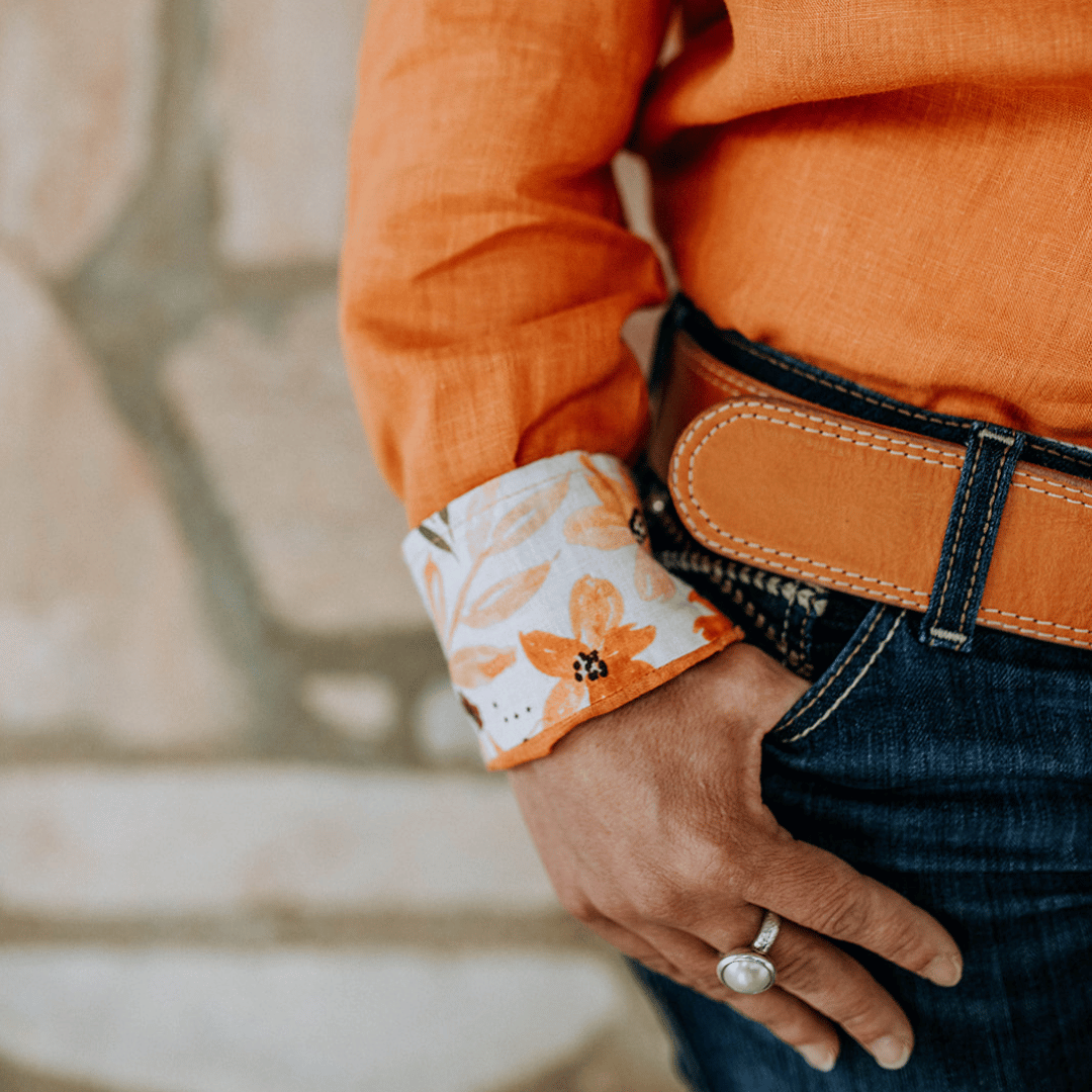 Orange Rust Organic Linen Shirt With Printed Cuffs - Outback Linen Co