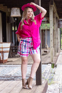 Pink Blue Gingham Printed Organic Linen Shorts