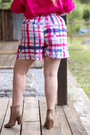 Pink Blue Gingham Printed Organic Linen Shorts
