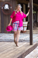 Pink Blue Gingham Printed Organic Linen Shorts