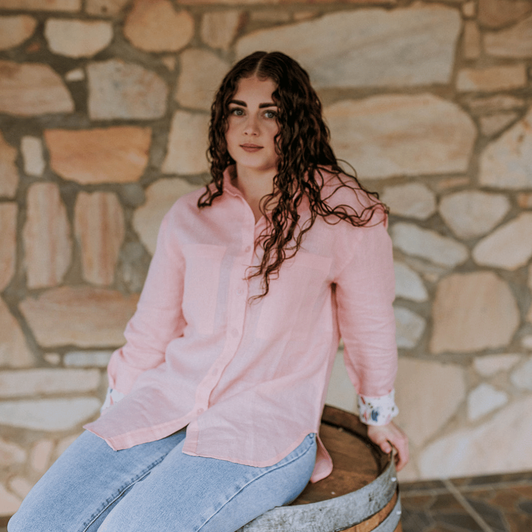 Playful Pink Organic Linen Shirt With Printed Cuffs - Outback Linen Co