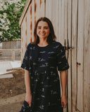 Rural Outback Eclipse Navy Embroidered Organic Linen Short Sleeve Dress