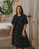 Rural Outback Eclipse Navy Embroidered Organic Linen Short Sleeve Dress