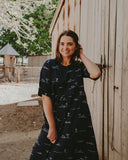 Rural Outback Eclipse Navy Embroidered Organic Linen Short Sleeve Dress