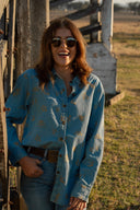 Sky Blue Denim Lady Jane Embroidered Long Sleeve Shirt