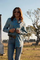 Sky Blue Denim Lady Jane Embroidered Long Sleeve Shirt