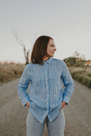Sky Blue & White Stripes Long Sleeve Linen Shirt