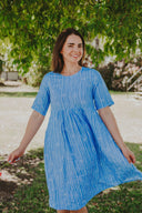 Sky Blue & White Stripes Short Sleeve Linen Dress