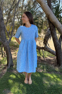 Sky Blue & White Stripes Short Sleeve Linen Dress