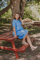 Sky Blue & White Stripes Short Sleeve Linen Dress