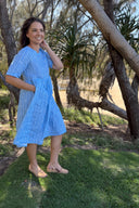 Sky Blue & White Stripes Short Sleeve Linen Dress