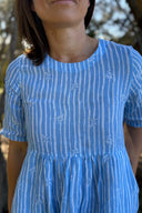 Sky Blue & White Stripes Short Sleeve Linen Dress