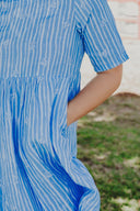 Sky Blue & White Stripes Short Sleeve Linen Dress
