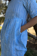 Sky Blue & White Stripes Short Sleeve Linen Dress