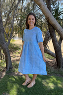 Sky Blue & White Stripes Short Sleeve Linen Dress