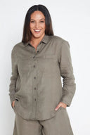 Spinifex Green Organic Linen Shirt with Printed Cuffs