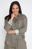 Spinifex Green Organic Linen Shirt with Printed Cuffs