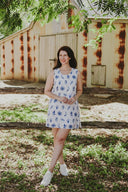 Bird Song Blue and White Organic Linen Shift Dress