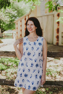 Bird Song Blue and White Organic Linen Shift Dress