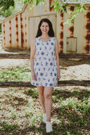 Bird Song Blue and White Organic Linen Shift Dress