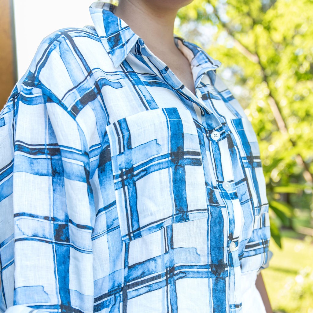 Blue Gingham Long Sleeve Linen Shirt