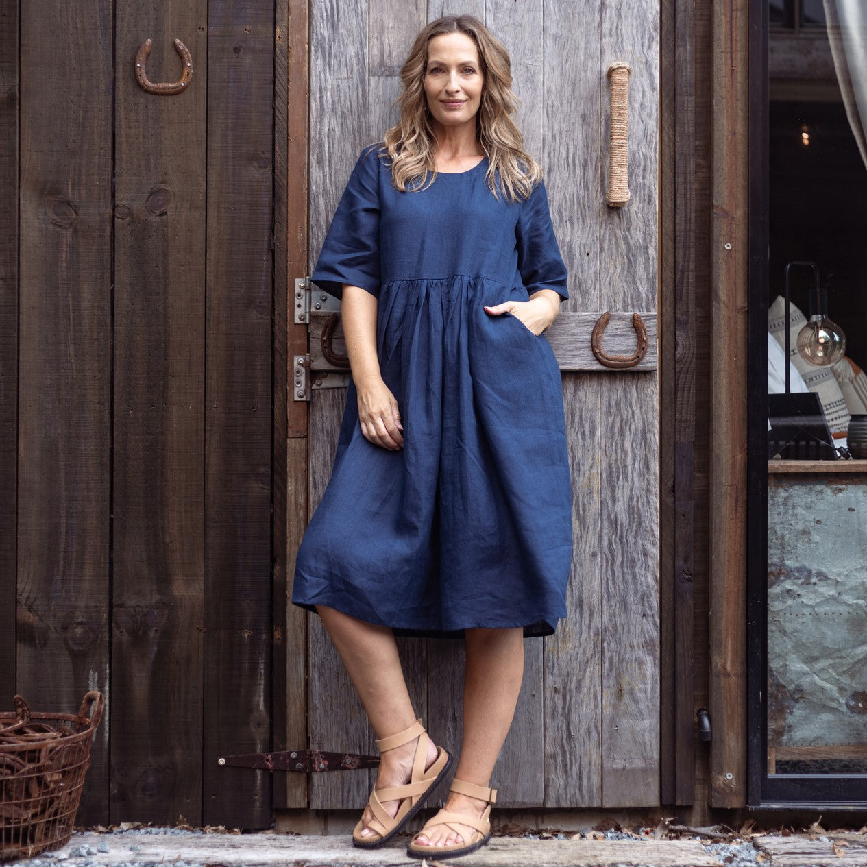 Indigo Blue Short Sleeve Organic Linen Dress