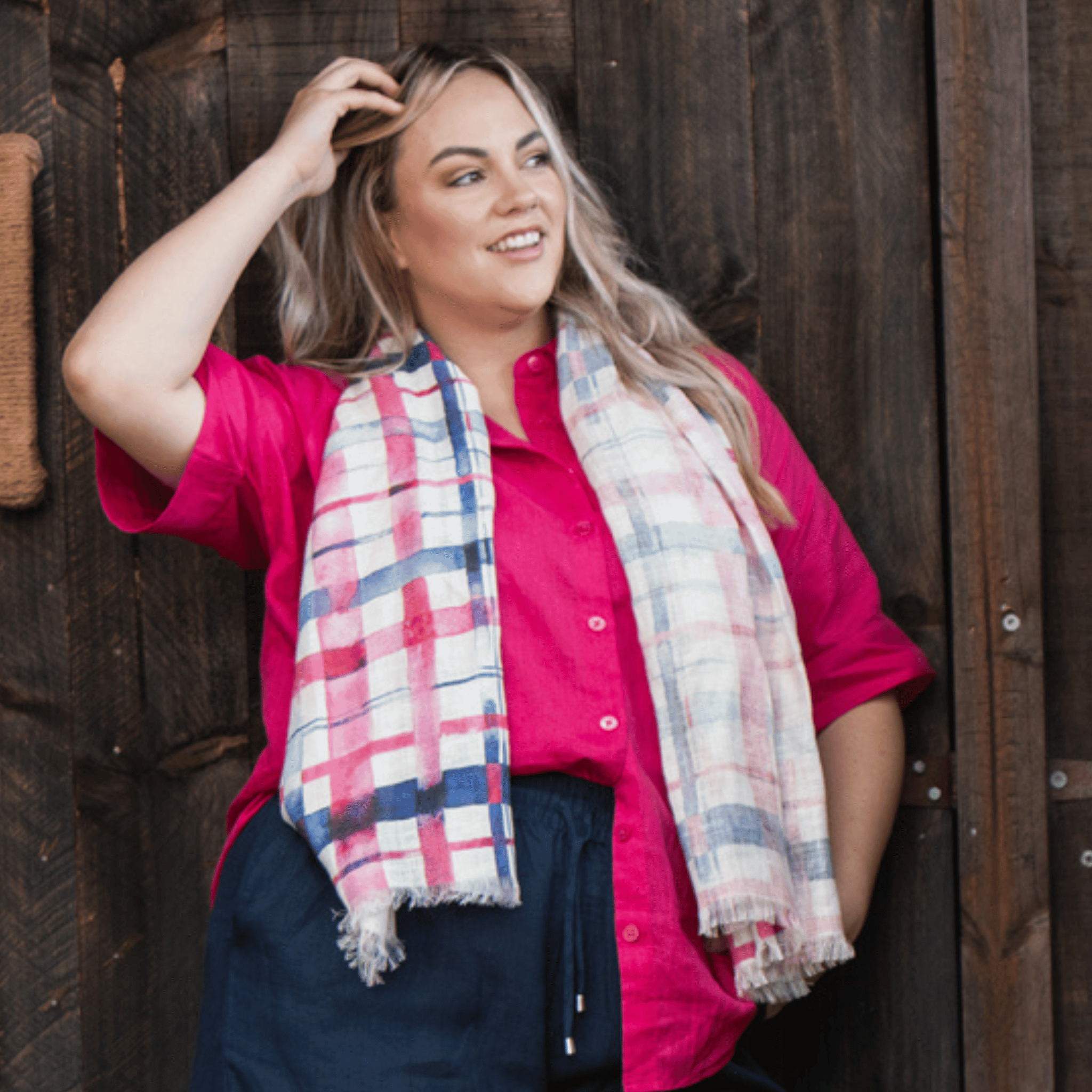 Pink Blue Gingham Organic Linen Scarf