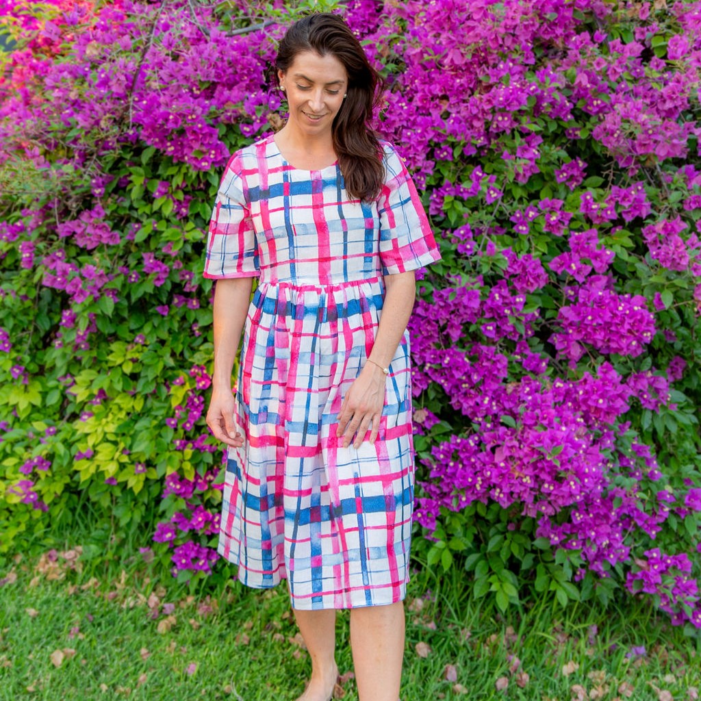 Pink Blue Gingham Short Sleeve Organic Linen Dress