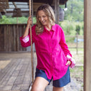 Hot Pink Organic Linen Shirt With Printed Gingham Cuffs - Outback Linen Co