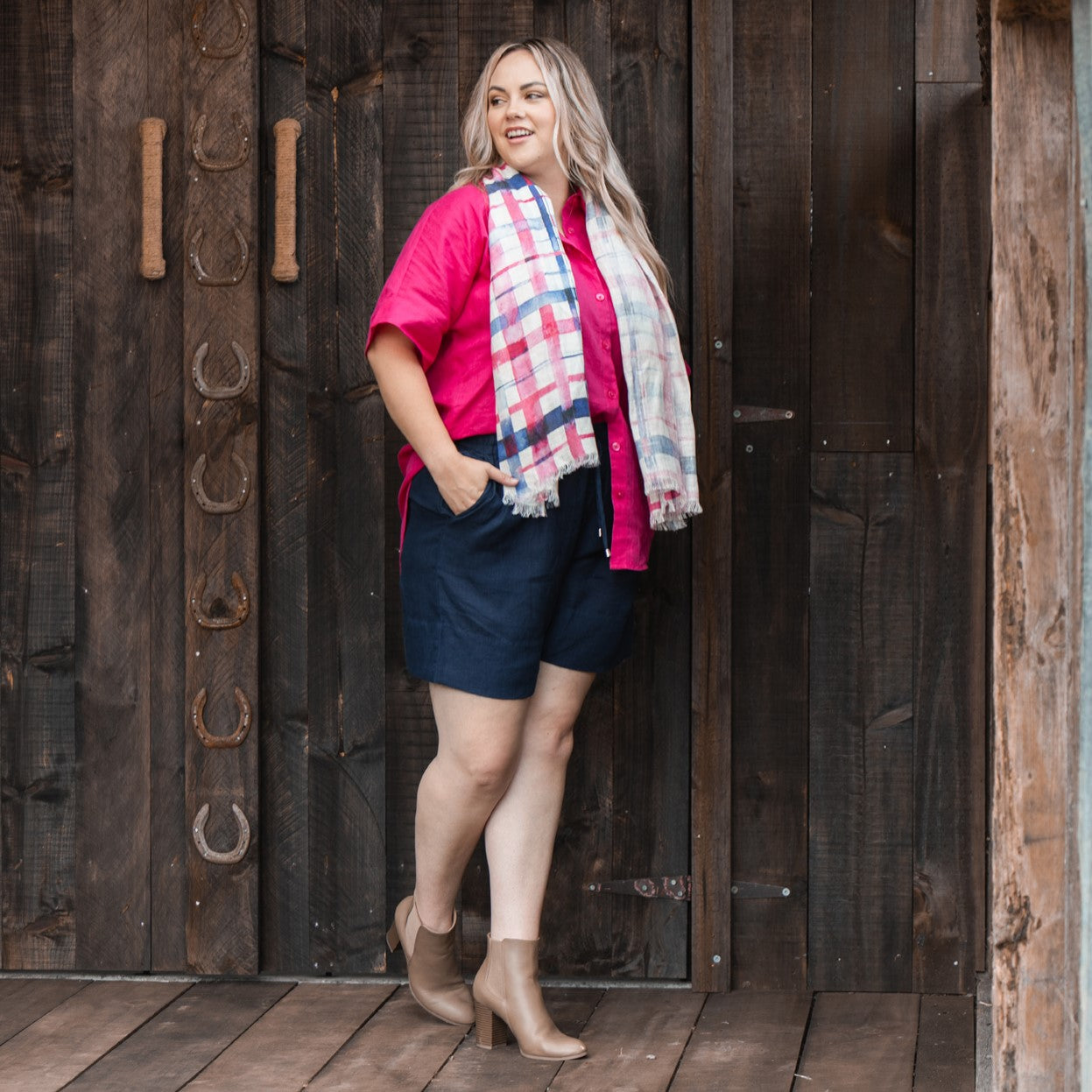 Pink Blue Gingham Organic Linen Scarf