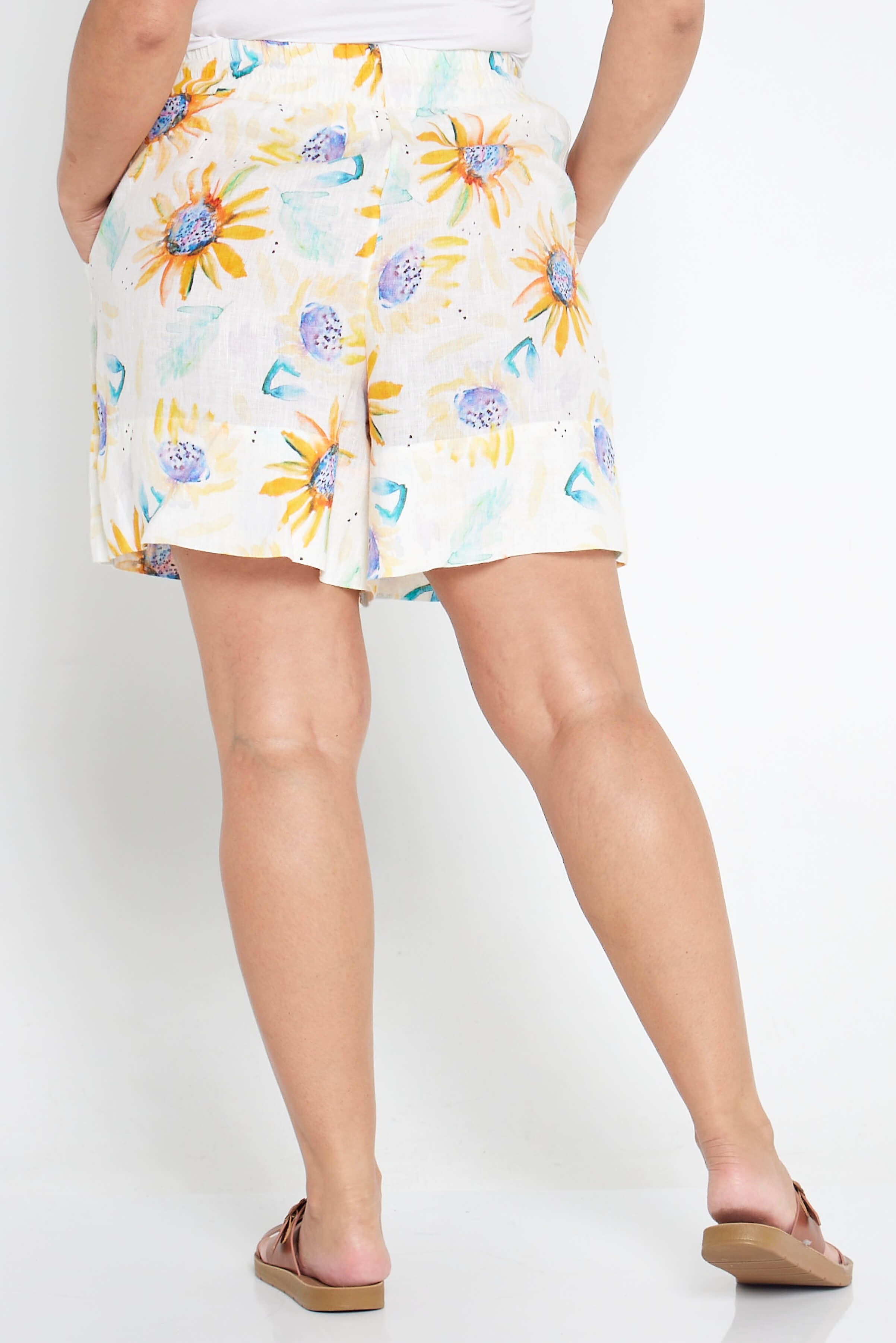 Sunflower Print Organic Linen Shorts - Outback Linen Co