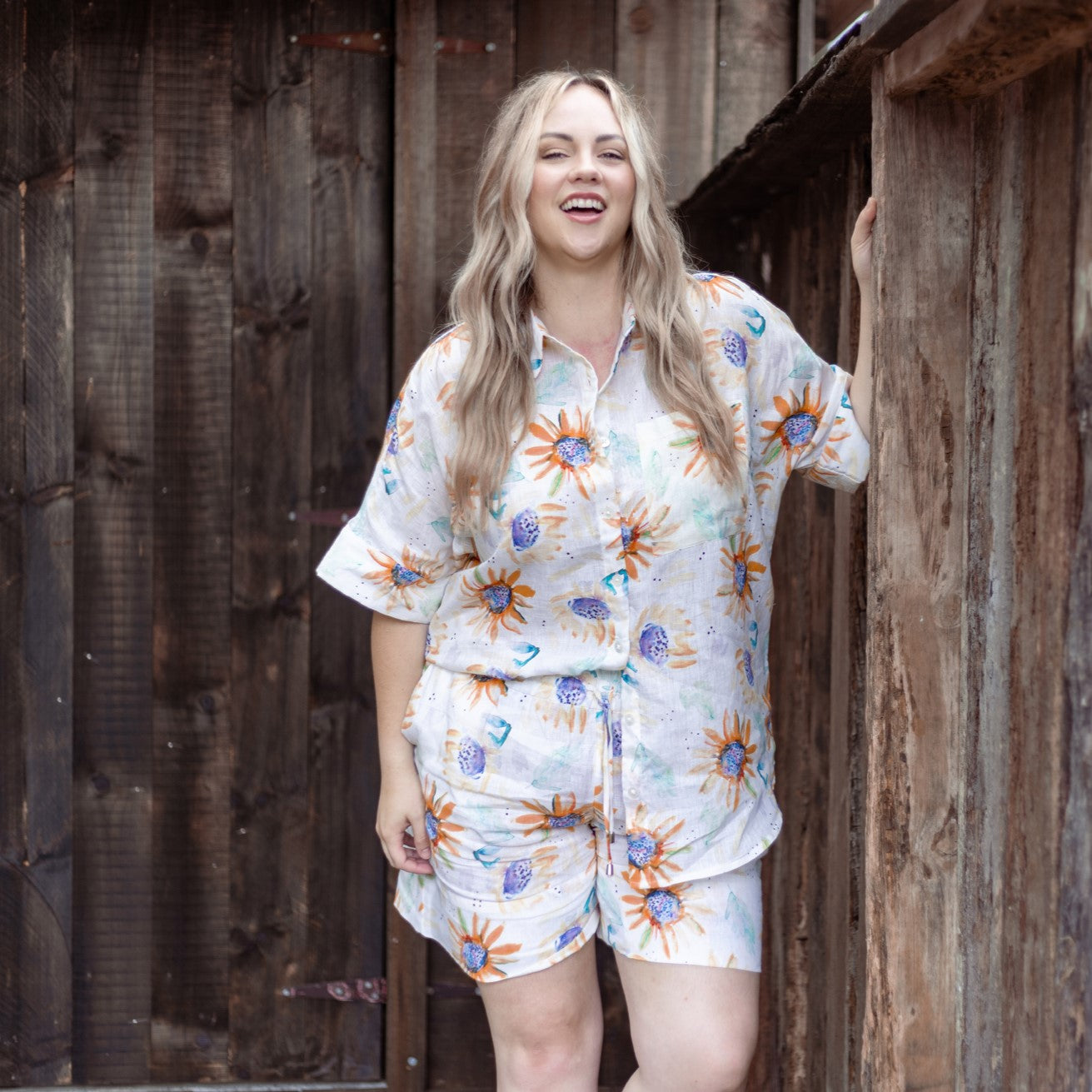 Sunflower Print Organic Linen Shorts - Outback Linen Co
