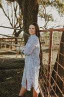 Bush Stripe Navy & White Organic Linen Long Sleeve Dress - Outback Linen Co
