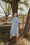 Bush Stripe Navy & White Organic Linen Long Sleeve Dress - Outback Linen Co