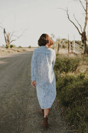 Bush Stripe Navy & White Organic Linen Long Sleeve Dress - Outback Linen Co