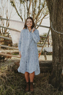 Bush Stripe Navy & White Organic Linen Long Sleeve Dress - Outback Linen Co