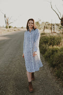 Bush Stripe Navy & White Organic Linen Long Sleeve Dress - Outback Linen Co