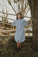 Bush Stripe Navy & White Organic Linen Long Sleeve Dress - Outback Linen Co