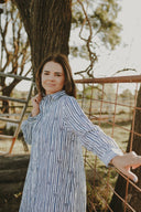 Bush Stripe Navy & White Organic Linen Long Sleeve Dress - Outback Linen Co