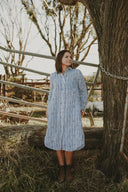 Bush Stripe Navy & White Organic Linen Long Sleeve Dress - Outback Linen Co