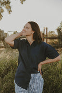 Bush Stripe Navy & White Organic Linen Pants - Outback Linen Co