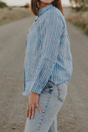 Bush Stripe Sky Blue & White Organic Linen Long Sleeve Shirt - Outback Linen Co