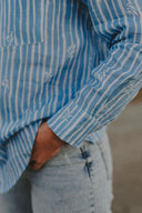 Bush Stripe Sky Blue & White Organic Linen Long Sleeve Shirt - Outback Linen Co