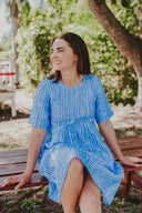 Bush Stripe Sky Blue & White Organic Linen Short Sleeve Dress - Outback Linen Co