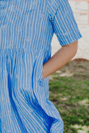 Bush Stripe Sky Blue & White Organic Linen Short Sleeve Dress - Outback Linen Co