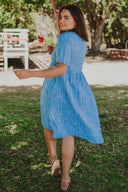 Bush Stripe Sky Blue & White Organic Linen Short Sleeve Dress - Outback Linen Co