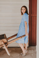 Bush Stripe Sky Blue & White Organic Linen Short Sleeve Dress - Outback Linen Co
