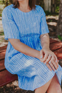 Bush Stripe Sky Blue & White Organic Linen Short Sleeve Dress - Outback Linen Co
